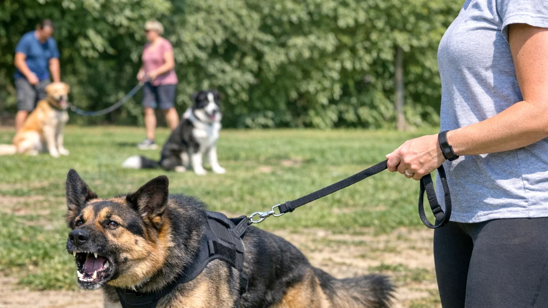 Il cane mostra comportamenti aggressivi o eccessivamente dominanti durante le sessioni di allenamento in presenza di altri cani, rendendo difficile eseguire correttamente gli esercizi comportamentali e limitando le opportunità di socializzazione e apprendimento in gruppo."